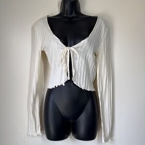 Forever 21 Womens Ivory Ribbed Tie Front Cardigan Top Size S Fairy Layers Preppy
